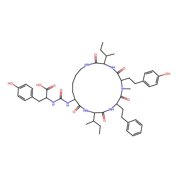 2D Structure of 2-[[3,12-Di(butan-2-yl)-6-[2-(4-hydroxyphenyl)ethyl]-7-methyl-2,5,8,11,14-pentaoxo-9-(2-phenylethyl)-1,4,7,10,13-pentazacyclononadec-15-yl]carbamoylamino]-3-(4-hydroxyphenyl)propanoic acid