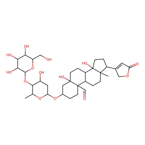 2D Structure of (3S,5S,8R,9S,13R,14S,17R)-5,14-dihydroxy-3-[(2R,4R,5S,6R)-4-hydroxy-6-methyl-5-[(2S,3R,4S,5S,6R)-3,4,5-trihydroxy-6-(hydroxymethyl)oxan-2-yl]oxyoxan-2-yl]oxy-13-methyl-17-(5-oxo-2H-furan-3-yl)-2,3,4,6,7,8,9,11,12,15,16,17-dodecahydro-1H-cyclopenta[a]phenanthrene-10-carbaldehyde