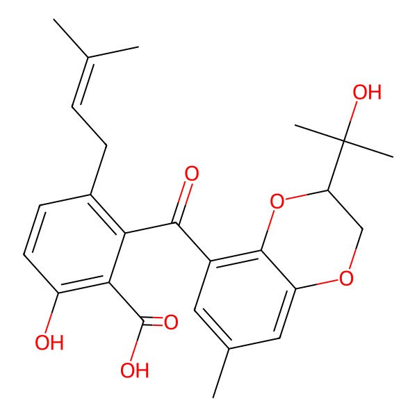 2D Structure of 6-Hydroxy-2-[3-(2-hydroxypropan-2-yl)-7-methyl-2,3-dihydro-1,4-benzodioxine-5-carbonyl]-3-(3-methylbut-2-enyl)benzoic acid