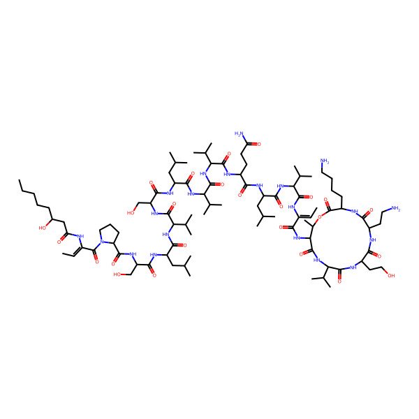 2D Structure of N-[1-[[1-[[1-[[3-(4-aminobutyl)-6-(2-aminoethyl)-9-(2-hydroxyethyl)-16-methyl-2,5,8,11,14-pentaoxo-12-propan-2-yl-1-oxa-4,7,10,13-tetrazacyclohexadec-15-yl]amino]-1-oxobut-2-en-2-yl]amino]-3-methyl-1-oxobutan-2-yl]amino]-4-methyl-1-oxopentan-2-yl]-2-[[2-[[2-[[2-[[3-hydroxy-2-[[2-[[2-[[3-hydroxy-2-[[1-[2-(3-hydroxyoctanoylamino)but-2-enoyl]pyrrolidine-2-carbonyl]amino]propanoyl]amino]-4-methylpentanoyl]amino]-3-methylbutanoyl]amino]propanoyl]amino]-4-methylpentanoyl]amino]-3-methylbutanoyl]amino]-3-methylbutanoyl]amino]pentanediamide