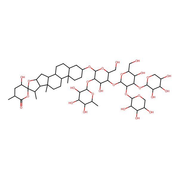 2D Structure of 5'-Hydroxy-16-[4-hydroxy-5-[5-hydroxy-6-(hydroxymethyl)-3,4-bis[(3,4,5-trihydroxyoxan-2-yl)oxy]oxan-2-yl]oxy-6-(hydroxymethyl)-3-(3,4,5-trihydroxy-6-methyloxan-2-yl)oxyoxan-2-yl]oxy-3',7,9,13-tetramethylspiro[5-oxapentacyclo[10.8.0.02,9.04,8.013,18]icosane-6,6'-oxane]-2'-one