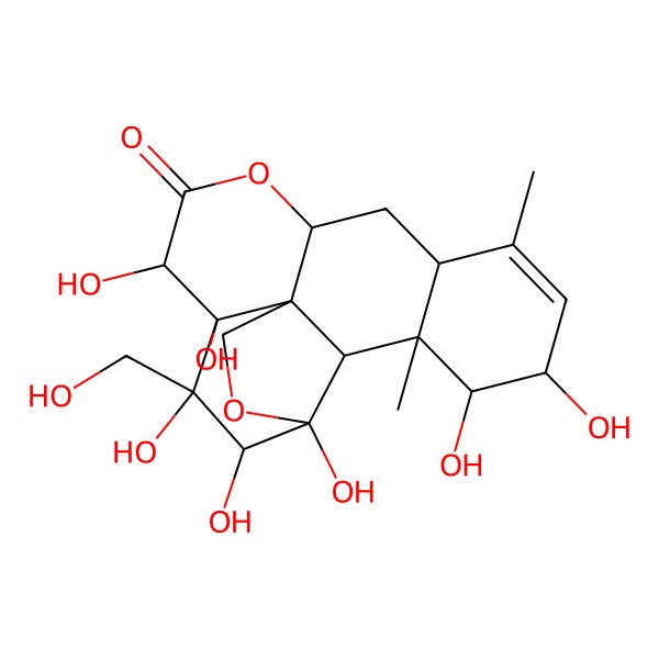 2D Structure of 4,5,6,7,8,16,17-Heptahydroxy-6-(hydroxymethyl)-14,18-dimethyl-3,10-dioxapentacyclo[9.8.0.01,7.04,19.013,18]nonadec-14-en-9-one