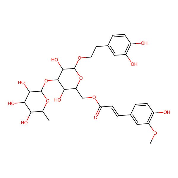 2D Structure of [(2R,3R,4S,5R,6R)-6-[2-(3,4-dihydroxyphenyl)ethoxy]-3,5-dihydroxy-4-[(2R,3R,4R,5R,6S)-3,4,5-trihydroxy-6-methyloxan-2-yl]oxyoxan-2-yl]methyl (E)-3-(4-hydroxy-3-methoxyphenyl)prop-2-enoate