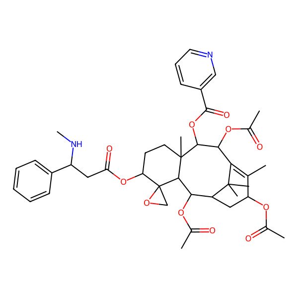 2D Structure of [(1'R,2R,2'R,3'R,5'S,8'R,9'R,10'R,13'S)-2',10',13'-triacetyloxy-8',12',15',15'-tetramethyl-5'-[(3R)-3-(methylamino)-3-phenylpropanoyl]oxyspiro[oxirane-2,4'-tricyclo[9.3.1.03,8]pentadec-11-ene]-9'-yl] pyridine-3-carboxylate