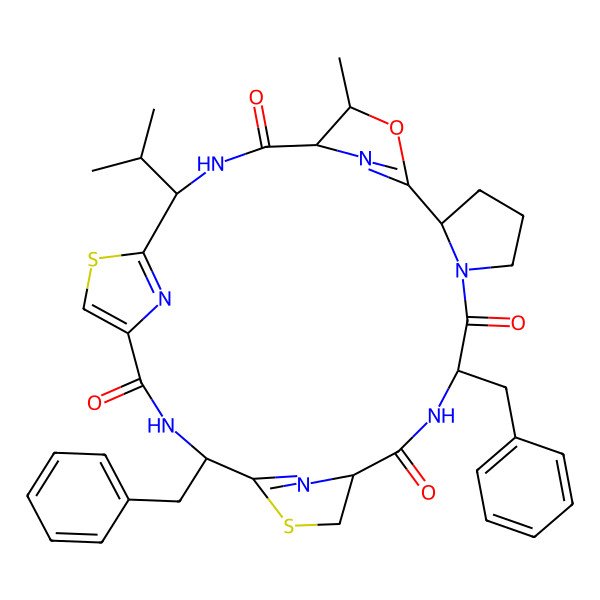 2D Structure of (2S,8S,11S,15S,22S,25R,26R)-8,15-dibenzyl-26-methyl-22-propan-2-yl-27-oxa-13,20-dithia-6,9,16,23,28,29,30-heptazapentacyclo[23.2.1.111,14.118,21.02,6]triaconta-1(28),14(30),18,21(29)-tetraene-7,10,17,24-tetrone