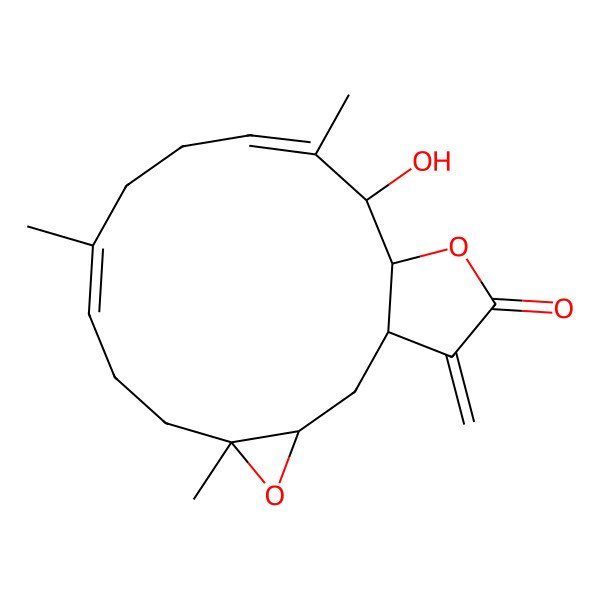 2D Structure of (1R,3S,5R,8E,12E,14S,15R)-14-hydroxy-5,9,13-trimethyl-18-methylidene-4,16-dioxatricyclo[13.3.0.03,5]octadeca-8,12-dien-17-one