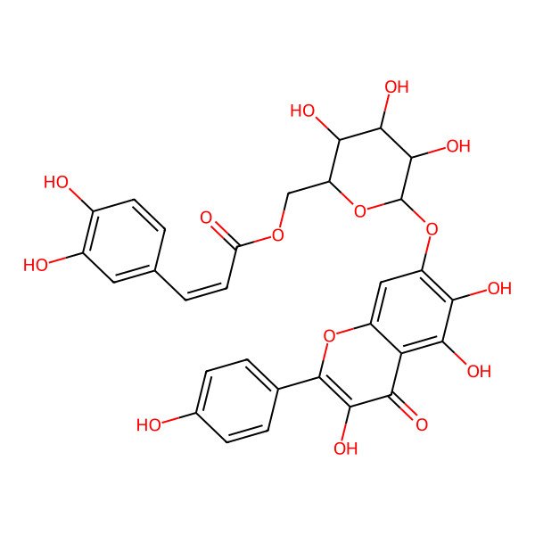 2D Structure of [3,4,5-Trihydroxy-6-[3,5,6-trihydroxy-2-(4-hydroxyphenyl)-4-oxochromen-7-yl]oxyoxan-2-yl]methyl 3-(3,4-dihydroxyphenyl)prop-2-enoate