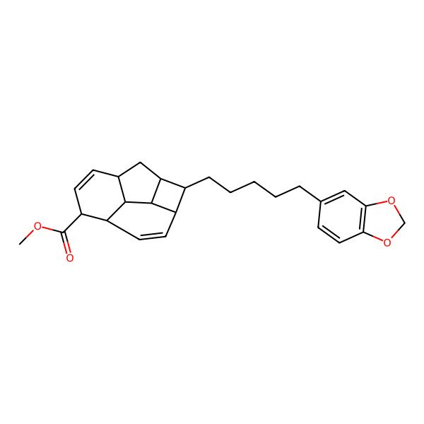 2D Structure of methyl (1S,2S,3S,6R,7S,10R,11R,12R)-2-[5-(1,3-benzodioxol-5-yl)pentyl]tetracyclo[8.2.1.03,12.06,11]trideca-4,8-diene-7-carboxylate