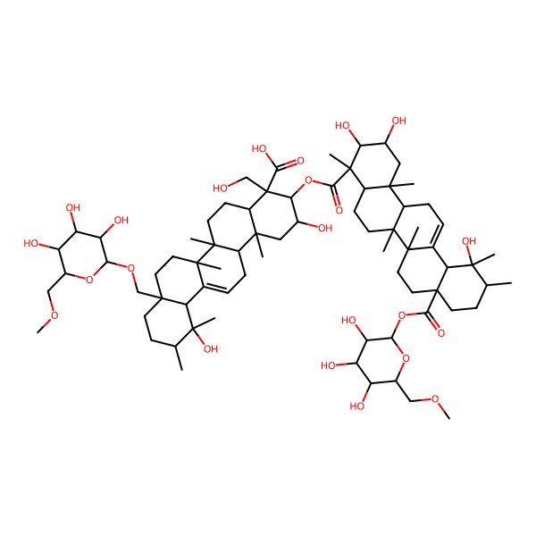 2D Structure of (2R,3S,4S,4aS,6aS,6bR,8aR,11R,12R,12aS,14aR,14bR)-3-[(2R,3R,4S,4aS,6aS,6bR,8aR,11R,12R,12aS,14aR,14bR)-2,3,12-trihydroxy-4,6a,6b,11,12,14b-hexamethyl-8a-[(2S,3R,4S,5R,6S)-3,4,5-trihydroxy-6-(methoxymethyl)oxan-2-yl]oxycarbonyl-1,2,3,4a,5,6,7,8,9,10,11,12a,14,14a-tetradecahydropicene-4-carbonyl]oxy-2,12-dihydroxy-4-(hydroxymethyl)-6a,6b,11,12,14b-pentamethyl-8a-[[(2S,3R,4S,5R,6S)-3,4,5-trihydroxy-6-(methoxymethyl)oxan-2-yl]oxymethyl]-1,2,3,4a,5,6,7,8,9,10,11,12a,14,14a-tetradecahydropicene-4-carboxylic acid