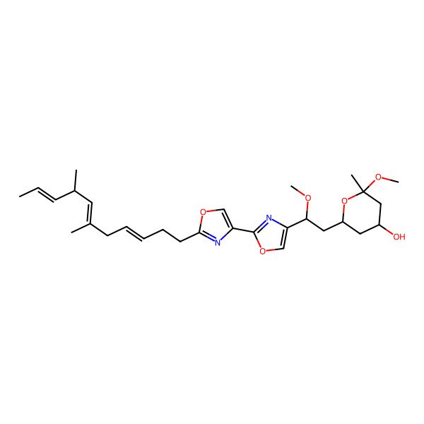 2D Structure of (2R,4R,6R)-6-[(2R)-2-[2-[2-[(3E,6E,8S,9E)-6,8-dimethylundeca-3,6,9-trienyl]-1,3-oxazol-4-yl]-1,3-oxazol-4-yl]-2-methoxyethyl]-2-methoxy-2-methyloxan-4-ol