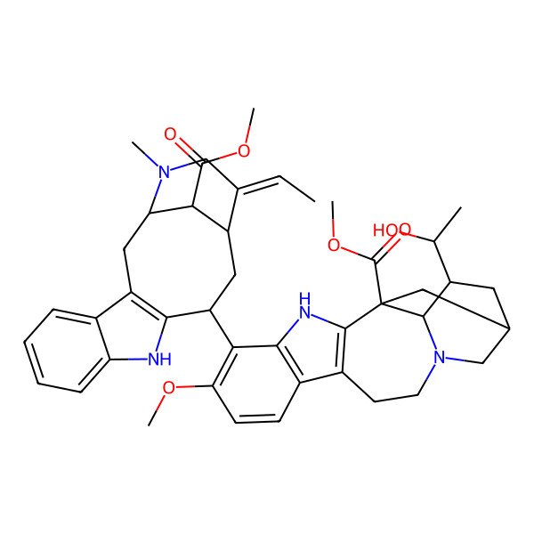 2D Structure of methyl (1S,15R,17S,18S)-5-[(1S,12R,14R,15Z,18S)-15-ethylidene-18-methoxycarbonyl-17-methyl-10,17-diazatetracyclo[12.3.1.03,11.04,9]octadeca-3(11),4,6,8-tetraen-12-yl]-17-[(1S)-1-hydroxyethyl]-6-methoxy-3,13-diazapentacyclo[13.3.1.02,10.04,9.013,18]nonadeca-2(10),4(9),5,7-tetraene-1-carboxylate