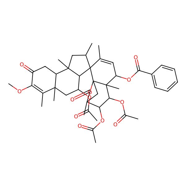 2D Structure of [(1R,2S,2'S,3'aS,4'R,5S,5'aS,6S,7R,8S,9S,9'aS,9'bS)-4',7,8-triacetyloxy-7'-methoxy-2',3,5'a,6,6',9,9'b-heptamethyl-8',10-dioxospiro[11-oxatricyclo[7.2.1.01,6]dodec-3-ene-2,3'-2,3a,4,5,9,9a-hexahydro-1H-cyclopenta[a]naphthalene]-5-yl] benzoate