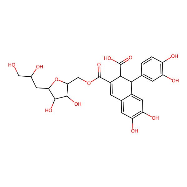 2D Structure of (1R,2S)-1-(3,4-dihydroxyphenyl)-3-[[(2R,3R,4R,5R)-5-(2,3-dihydroxypropyl)-3,4-dihydroxyoxolan-2-yl]methoxycarbonyl]-6,7-dihydroxy-1,2-dihydronaphthalene-2-carboxylic acid