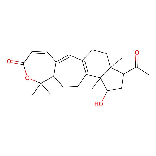 2D Structure of 16-Acetyl-14-hydroxy-8,8,13,17-tetramethyl-7-oxatetracyclo[10.7.0.03,9.013,17]nonadeca-1(12),2,4-trien-6-one