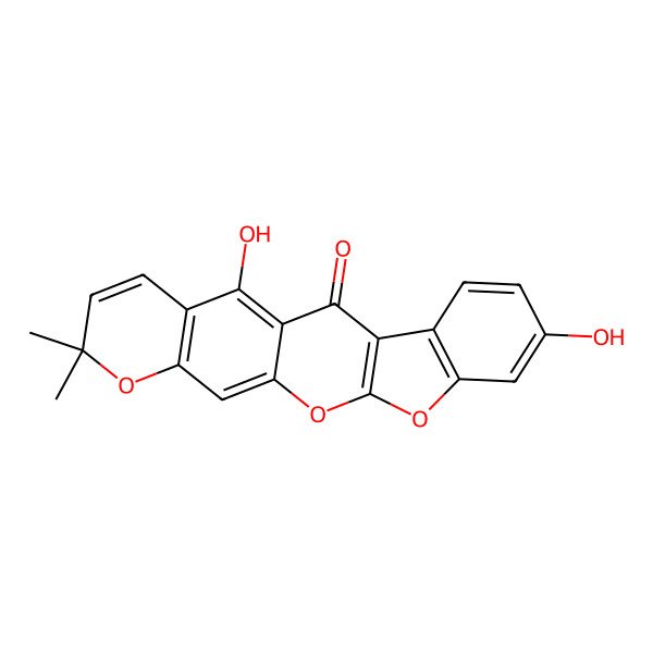 2D Structure of 7,21-Dihydroxy-17,17-dimethyl-10,12,16-trioxapentacyclo[11.8.0.03,11.04,9.015,20]henicosa-1(21),3(11),4(9),5,7,13,15(20),18-octaen-2-one