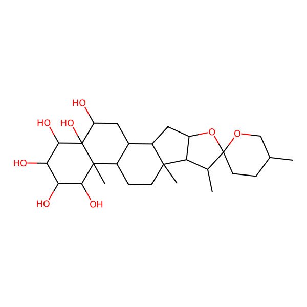 2D Structure of 5',7,9,13-Tetramethylspiro[5-oxapentacyclo[10.8.0.02,9.04,8.013,18]icosane-6,2'-oxane]-14,15,16,17,18,19-hexol