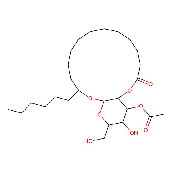 2D Structure of [(1R,14R,16R,18R,19R,20S)-14-hexyl-19-hydroxy-18-(hydroxymethyl)-3-oxo-2,15,17-trioxabicyclo[14.4.0]icosan-20-yl] acetate