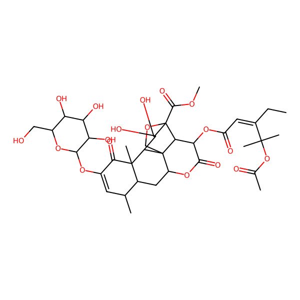 2D Structure of Methyl 3-(4-acetyloxy-3-ethyl-4-methylpent-2-enoyl)oxy-15,16-dihydroxy-9,13-dimethyl-4,12-dioxo-11-[3,4,5-trihydroxy-6-(hydroxymethyl)oxan-2-yl]oxy-5,18-dioxapentacyclo[12.5.0.01,6.02,17.08,13]nonadec-10-ene-17-carboxylate