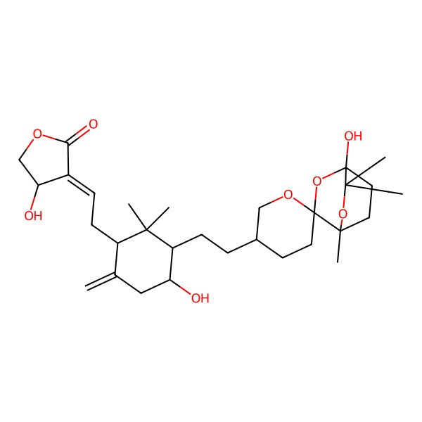 2D Structure of 4-Hydroxy-3-[2-[4-hydroxy-3-[2-(1-hydroxy-4,6,6-trimethylspiro[2,5-dioxabicyclo[2.2.2]octane-3,6'-oxane]-3'-yl)ethyl]-2,2-dimethyl-6-methylidenecyclohexyl]ethylidene]oxolan-2-one