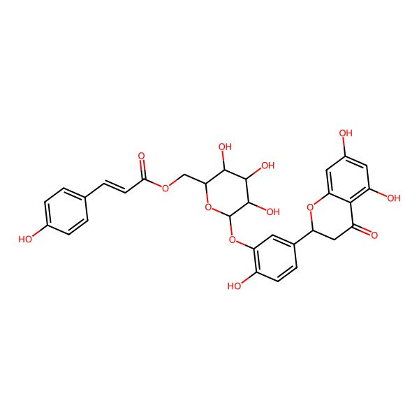 2D Structure of [(2R,3S,4S,5S,6S)-6-[5-[(2S)-5,7-dihydroxy-4-oxo-2,3-dihydrochromen-2-yl]-2-hydroxyphenoxy]-3,4,5-trihydroxyoxan-2-yl]methyl (E)-3-(4-hydroxyphenyl)prop-2-enoate