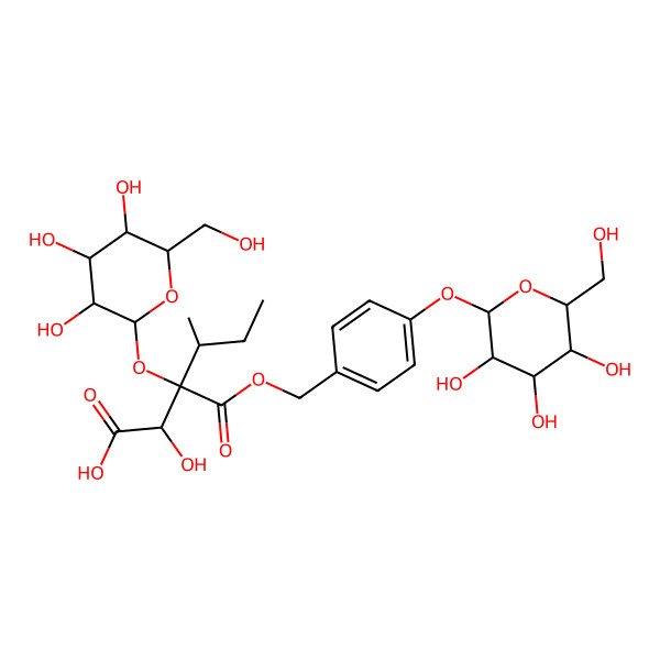 2D Structure of (3R)-2-hydroxy-4-methyl-3-[(2S,3R,4S,5S,6R)-3,4,5-trihydroxy-6-(hydroxymethyl)oxan-2-yl]oxy-3-[[4-[(2S,3R,4S,5S,6R)-3,4,5-trihydroxy-6-(hydroxymethyl)oxan-2-yl]oxyphenyl]methoxycarbonyl]hexanoic acid