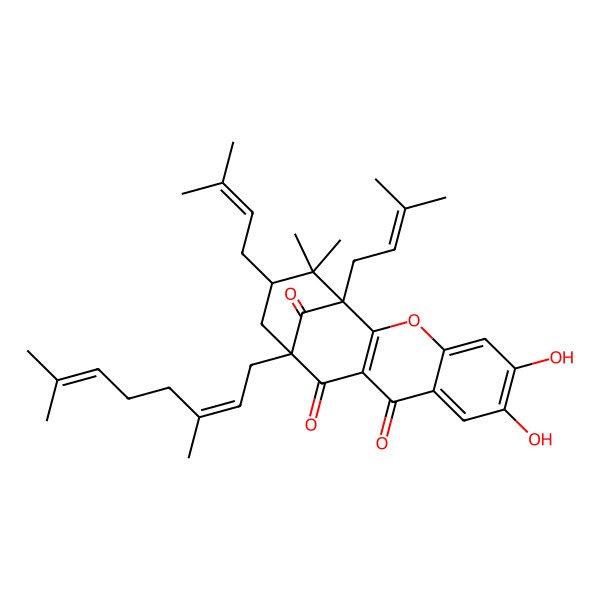 2D Structure of 13-(3,7-Dimethylocta-2,6-dienyl)-6,7-dihydroxy-16,16-dimethyl-1,15-bis(3-methylbut-2-enyl)-3-oxatetracyclo[11.3.1.02,11.04,9]heptadeca-2(11),4,6,8-tetraene-10,12,17-trione