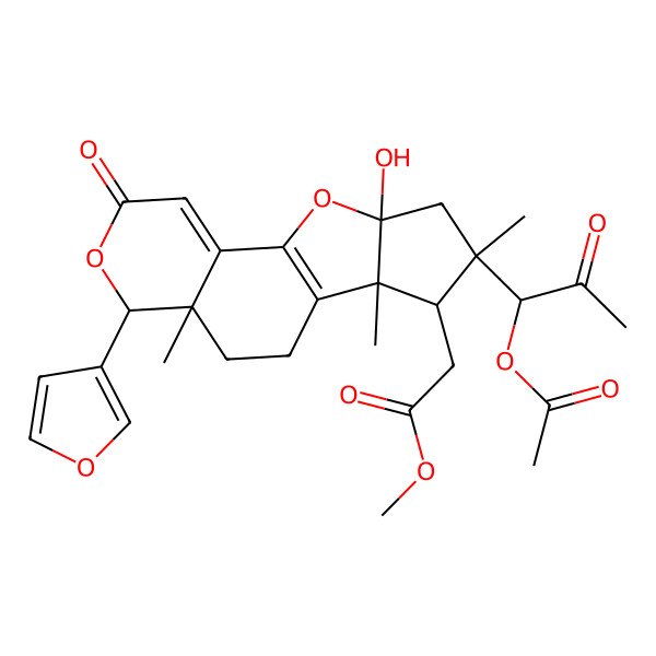 2D Structure of Methyl 2-[13-(1-acetyloxy-2-oxopropyl)-6-(furan-3-yl)-15-hydroxy-7,11,13-trimethyl-4-oxo-5,16-dioxatetracyclo[8.6.0.02,7.011,15]hexadeca-1(10),2-dien-12-yl]acetate