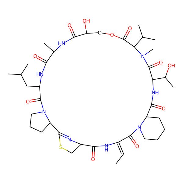 2D Structure of 31-Ethylidene-14-hydroxy-21-(1-hydroxyethyl)-11,19-dimethyl-8-(2-methylpropyl)-18-propan-2-yl-16-oxa-36-thia-6,9,12,19,22,29,32,37-octazatetracyclo[32.2.1.02,6.024,29]heptatriacont-1(37)-ene-7,10,13,17,20,23,30,33-octone
