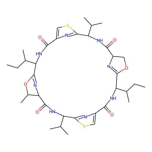 2D Structure of 4,18-Di(butan-2-yl)-7-methyl-11,25-di(propan-2-yl)-6,20-dioxa-13,27-dithia-3,10,17,24,29,30,31,32-octazapentacyclo[24.2.1.15,8.112,15.119,22]dotriaconta-1(28),5(32),12(31),14,19(30),26(29)-hexaene-2,9,16,23-tetrone