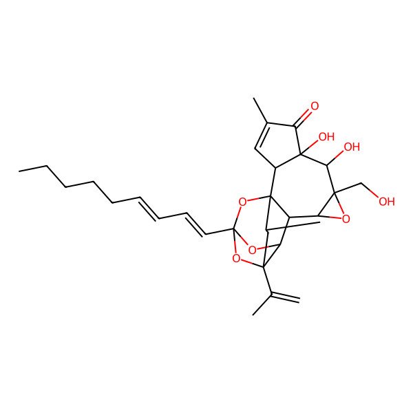 2D Structure of (1R,2S,6S,7S,8R,10S,11S,12R,14S,16R,18R)-6,7-dihydroxy-8-(hydroxymethyl)-4,18-dimethyl-14-[(1E,3E)-nona-1,3-dienyl]-16-prop-1-en-2-yl-9,13,15,19-tetraoxahexacyclo[12.4.1.01,11.02,6.08,10.012,16]nonadec-3-en-5-one