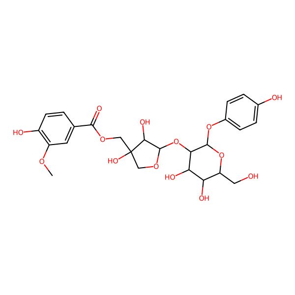 2D Structure of [(3S,4R,5S)-5-[(2S,3R,4S,5S,6R)-4,5-dihydroxy-6-(hydroxymethyl)-2-(4-hydroxyphenoxy)oxan-3-yl]oxy-3,4-dihydroxyoxolan-3-yl]methyl 4-hydroxy-3-methoxybenzoate