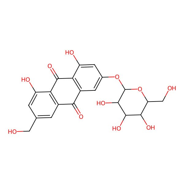 2D Structure of 1,8-dihydroxy-3-(hydroxymethyl)-6-[(2S,3R,4S,5S,6R)-3,4,5-trihydroxy-6-(hydroxymethyl)oxan-2-yl]oxyanthracene-9,10-dione