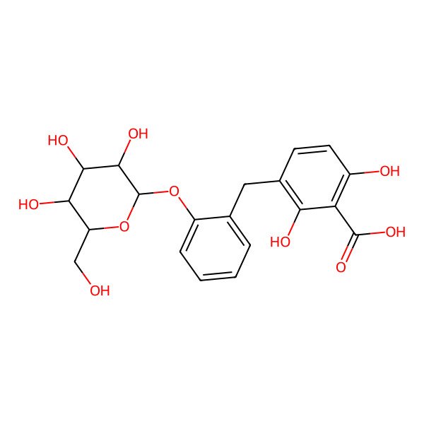 2D Structure of 2,6-dihydroxy-3-[[2-[(2S,3R,4S,5S,6R)-3,4,5-trihydroxy-6-(hydroxymethyl)oxan-2-yl]oxyphenyl]methyl]benzoic acid