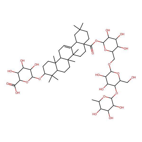 2D Structure of (2S,3S,4S,5R,6R)-6-[[(3S,4aR,6aR,6bS,8aS,12aS,14aR,14bR)-8a-[(2R,3R,4S,5S,6R)-6-[[(2S,3R,4R,5S,6R)-3,4-dihydroxy-6-(hydroxymethyl)-5-[(2R,3R,4R,5R,6S)-3,4,5-trihydroxy-6-methyloxan-2-yl]oxyoxan-2-yl]oxymethyl]-3,4,5-trihydroxyoxan-2-yl]oxycarbonyl-4,4,6a,6b,11,11,14b-heptamethyl-1,2,3,4a,5,6,7,8,9,10,12,12a,14,14a-tetradecahydropicen-3-yl]oxy]-3,4,5-trihydroxyoxane-2-carboxylic acid