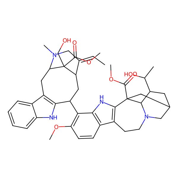 2D Structure of methyl (1S,15R,17S,18S)-5-[(1R,12R,14S,15E,18S)-15-ethylidene-18-(hydroxymethyl)-18-methoxycarbonyl-17-methyl-10,17-diazatetracyclo[12.3.1.03,11.04,9]octadeca-3(11),4,6,8-tetraen-12-yl]-17-[(1S)-1-hydroxyethyl]-6-methoxy-3,13-diazapentacyclo[13.3.1.02,10.04,9.013,18]nonadeca-2(10),4(9),5,7-tetraene-1-carboxylate