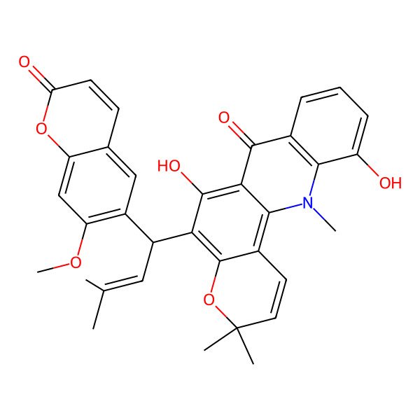 2D Structure of 6,11-dihydroxy-5-[(1S)-1-(7-methoxy-2-oxochromen-6-yl)-3-methylbut-2-enyl]-3,3,12-trimethylpyrano[2,3-c]acridin-7-one