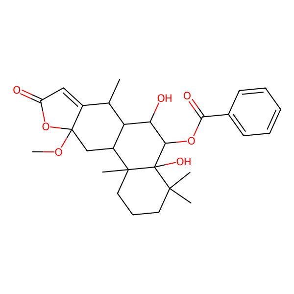 2D Structure of (4a,6-dihydroxy-10a-methoxy-4,4,7,11b-tetramethyl-9-oxo-2,3,5,6,6a,7,11,11a-octahydro-1H-naphtho[2,1-f][1]benzofuran-5-yl) benzoate