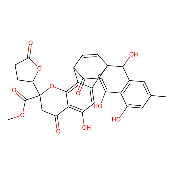 2D Structure of Methyl 5,16,18,23-tetrahydroxy-20-methyl-7,14-dioxo-9-(5-oxooxolan-2-yl)-10-oxahexacyclo[11.10.2.01,15.03,12.06,11.017,22]pentacosa-3,5,11,15,17(22),18,20,24-octaene-9-carboxylate