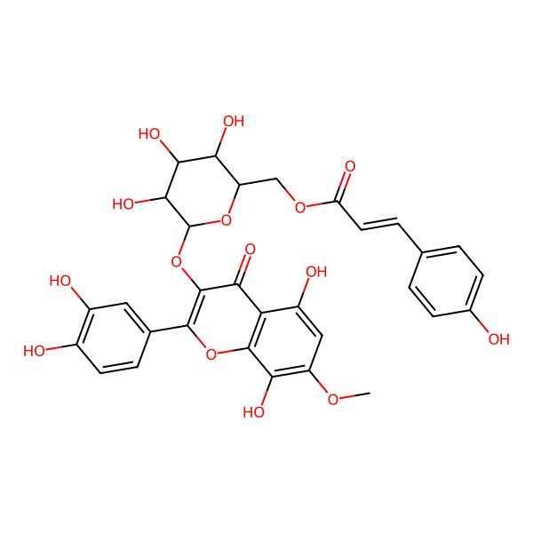 2D Structure of [6-[2-(3,4-Dihydroxyphenyl)-5,8-dihydroxy-7-methoxy-4-oxochromen-3-yl]oxy-3,4,5-trihydroxyoxan-2-yl]methyl 3-(4-hydroxyphenyl)prop-2-enoate
