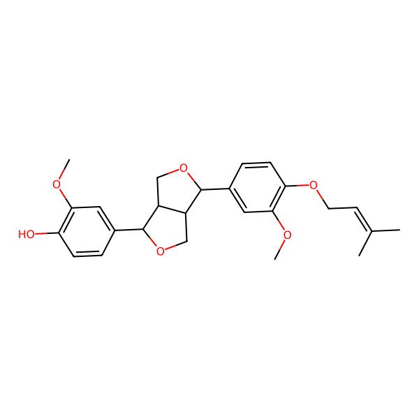 2D Structure of 4-[(3S,3aR,6S,6aR)-6-[3-methoxy-4-(3-methylbut-2-enoxy)phenyl]-1,3,3a,4,6,6a-hexahydrofuro[3,4-c]furan-3-yl]-2-methoxyphenol