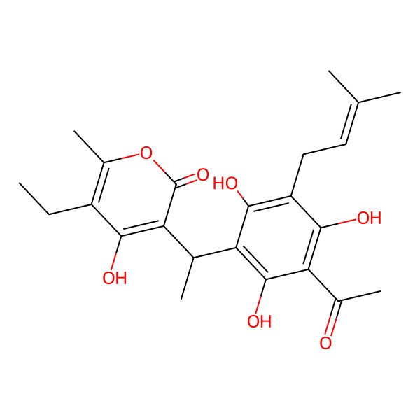 2D Structure of 3-[1-[3-Acetyl-2,4,6-trihydroxy-5-(3-methylbut-2-enyl)phenyl]ethyl]-5-ethyl-4-hydroxy-6-methylpyran-2-one