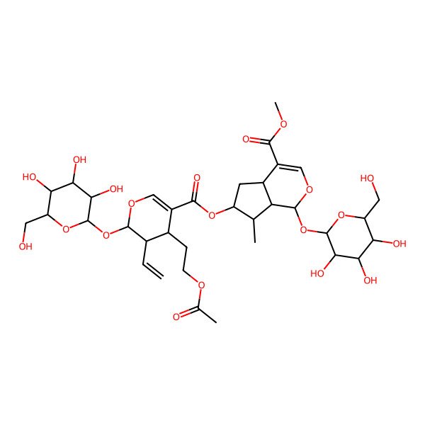 2D Structure of methyl (1S,4aS,6S,7R,7aR)-6-[(2S,3S,4S)-4-(2-acetyloxyethyl)-3-ethenyl-2-[(2S,3S,4R,5S,6S)-3,4,5-trihydroxy-6-(hydroxymethyl)oxan-2-yl]oxy-3,4-dihydro-2H-pyran-5-carbonyl]oxy-7-methyl-1-[(2S,3S,4R,5S,6R)-3,4,5-trihydroxy-6-(hydroxymethyl)oxan-2-yl]oxy-1,4a,5,6,7,7a-hexahydrocyclopenta[c]pyran-4-carboxylate