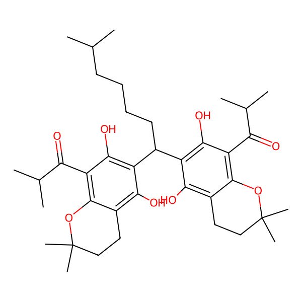2D Structure of 1-[6-[1-[5,7-Dihydroxy-2,2-dimethyl-8-(2-methylpropanoyl)-3,4-dihydrochromen-6-yl]-6-methylheptyl]-5,7-dihydroxy-2,2-dimethyl-3,4-dihydrochromen-8-yl]-2-methylpropan-1-one