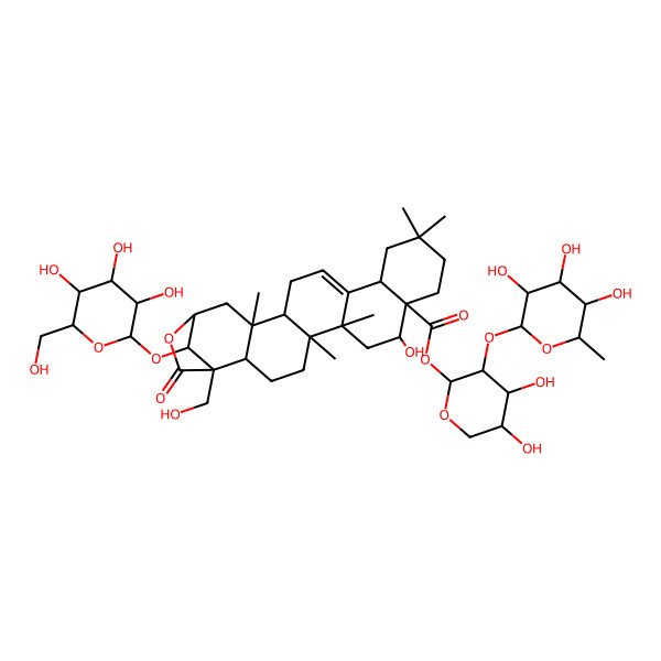 2D Structure of [(2S,3R,4R,5S)-4,5-dihydroxy-3-[(2S,3R,4R,5R,6S)-3,4,5-trihydroxy-6-methyloxan-2-yl]oxyoxan-2-yl] (1R,2R,5R,6S,8R,9R,14S,18R,19R,21S,24R)-8-hydroxy-1-(hydroxymethyl)-5,6,12,12,19-pentamethyl-23-oxo-24-[(2R,3R,4S,5S,6R)-3,4,5-trihydroxy-6-(hydroxymethyl)oxan-2-yl]oxy-22-oxahexacyclo[19.2.1.02,19.05,18.06,15.09,14]tetracos-15-ene-9-carboxylate