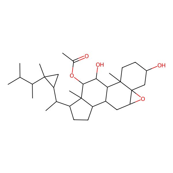 2D Structure of [(1S,2R,5S,7S,9R,11S,12S,15R,16R,17S,18S)-5,18-dihydroxy-2,16-dimethyl-15-[(1R)-1-[(1R,2R)-2-methyl-2-[(2R)-3-methylbutan-2-yl]cyclopropyl]ethyl]-8-oxapentacyclo[9.7.0.02,7.07,9.012,16]octadecan-17-yl] acetate