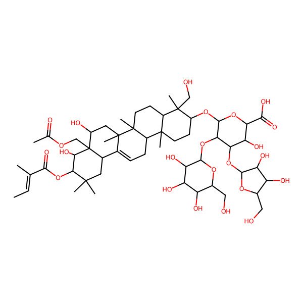 2D Structure of 6-[[8a-(Acetyloxymethyl)-8,9-dihydroxy-4-(hydroxymethyl)-4,6a,6b,11,11,14b-hexamethyl-10-(2-methylbut-2-enoyloxy)-1,2,3,4a,5,6,7,8,9,10,12,12a,14,14a-tetradecahydropicen-3-yl]oxy]-4-[3,4-dihydroxy-5-(hydroxymethyl)oxolan-2-yl]oxy-3-hydroxy-5-[3,4,5-trihydroxy-6-(hydroxymethyl)oxan-2-yl]oxyoxane-2-carboxylic acid