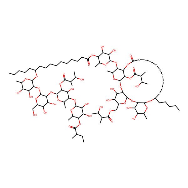 2D Structure of [4,5-Dihydroxy-2-methyl-6-[[4,5,11,12-tetrahydroxy-33-(3-hydroxy-2-methylbutanoyl)oxy-6-[(3-hydroxy-2-methylbutanoyl)oxymethyl]-13,31-dimethyl-27-oxo-17-pentyl-2,7,9,14,16,28,32-heptaoxatetracyclo[27.3.1.03,8.010,15]tritriacontan-30-yl]oxy]oxan-3-yl] 11-[3-[3-[5-[3,4-dihydroxy-6-methyl-5-(2-methylbutanoyloxy)oxan-2-yl]oxy-4-hydroxy-3-(3-hydroxy-2-methylbutanoyl)oxy-6-methyloxan-2-yl]oxy-4,5-dihydroxy-6-(hydroxymethyl)oxan-2-yl]oxy-4,5-dihydroxy-6-methyloxan-2-yl]oxyhexadecanoate