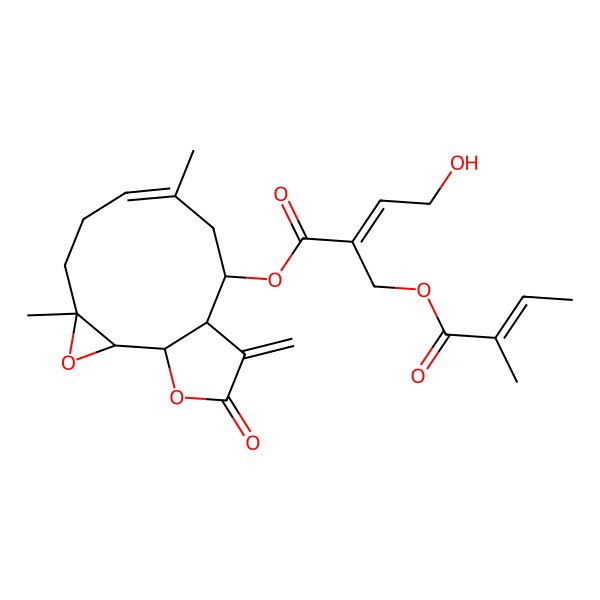 2D Structure of [(1S,2S,4R,7E,10R,11R)-4,8-dimethyl-12-methylidene-13-oxo-3,14-dioxatricyclo[9.3.0.02,4]tetradec-7-en-10-yl] (E)-4-hydroxy-2-[[(Z)-2-methylbut-2-enoyl]oxymethyl]but-2-enoate