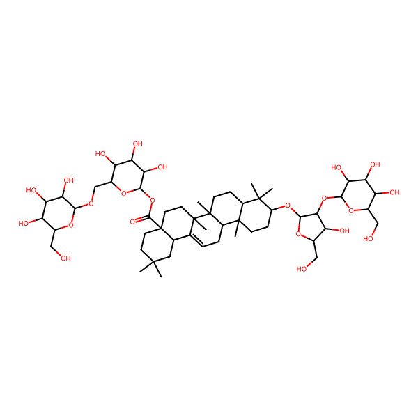 2D Structure of [3,4,5-Trihydroxy-6-[[3,4,5-trihydroxy-6-(hydroxymethyl)oxan-2-yl]oxymethyl]oxan-2-yl] 10-[4-hydroxy-5-(hydroxymethyl)-3-[3,4,5-trihydroxy-6-(hydroxymethyl)oxan-2-yl]oxyoxolan-2-yl]oxy-2,2,6a,6b,9,9,12a-heptamethyl-1,3,4,5,6,6a,7,8,8a,10,11,12,13,14b-tetradecahydropicene-4a-carboxylate