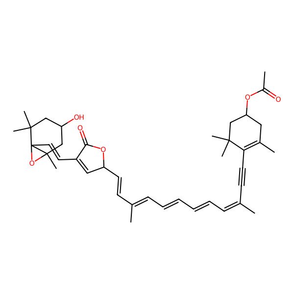 2D Structure of [4-[12-[4-[2-(4-hydroxy-2,2,6-trimethyl-7-oxabicyclo[4.1.0]heptan-1-yl)ethenyl]-5-oxo-2H-furan-2-yl]-3,10-dimethyldodeca-3,5,7,9,11-pentaen-1-ynyl]-3,5,5-trimethylcyclohex-3-en-1-yl] acetate